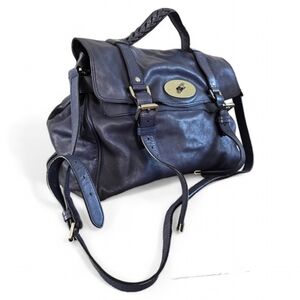 Mulberry Navy Blue Leather Satchel with silver Hardware
